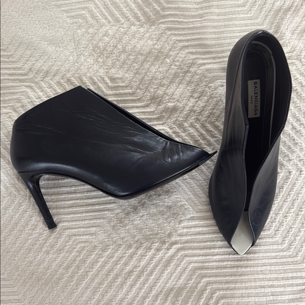 Balenciaga Navy Blue Leather Split Vamp Open Toe Booties